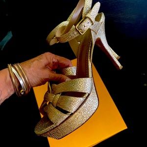 YSL Tribute 105 volcano Sahara gold sandal